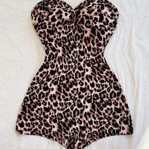 SHEIN Pink and Black Leopard Print Strapless Romper